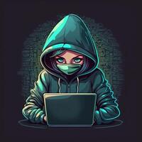 süß Mädchen Hacker mit Laptop. Benutzerbild im Karikatur Stil. Balck Hintergrund. generativ ai foto