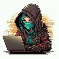 süß Mädchen Hacker mit Laptop. Benutzerbild im Karikatur Stil. generativ ai foto