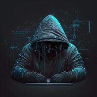 Hacker mit Internet zu hacken abstrakt Computer Server. mit Kapuze Angreifer im Laptop stiehlt persönlich Daten. Blau glühen Licht. generativ ai foto