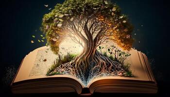 Pflanzen Samen Baum von Wissen und Weisheit im das Öffnung Buch, generativ ai foto