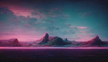 abstrakt retro futuristisch Synthwave Landschaft ai generiert foto