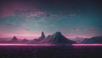 abstrakt retro futuristisch Synthwave Landschaft ai generiert foto