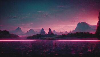 abstrakt retro futuristisch Synthwave Landschaft ai generiert foto