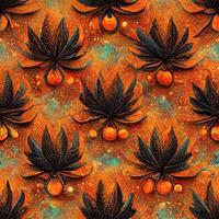hell psychedelisch nahtlos Muster im Orange Töne mit Cannabis Blatt Elemente. 3d machen. ai Illustration. foto