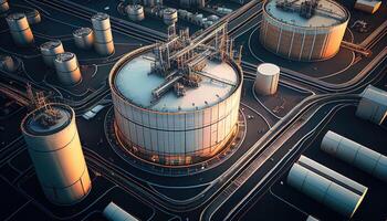 Antenne oben Aussicht von Fabrik Bahnhof, Öl Treibstoff Lager Panzer, Petroleum Raffinerie, Manufaktur, industriell Prozess Pflanze Öl Raffinerie zum Energie mit generativ ai. foto