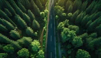 Antenne oben Aussicht von Asphalt Straße durch Grün Wald, gesund Regen Wald, Umfeld, Gesundheit, Grün Wirtschaft, Aussicht von Natur Ökosystem zum speichern Erde mit generativ ai. foto