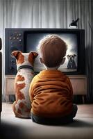 Karikatur zurück Aussicht von süß wenig Junge Aufpassen ein Fernsehen mit Hund Freunde. generativ ai. foto