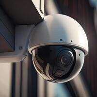 Sicherheit, cctv Kameras im das Büro Gebäude, und Zuhause Sicherheit System Konzept mit verwischen Hintergrund. draussen cctv Sicherheit Kamera Eingerichtet auf das Gebäude Mauer im das Stadt. generativ ai foto