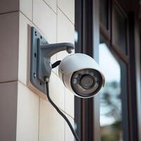 Sicherheit, cctv Kameras im das Büro Gebäude, und Zuhause Sicherheit System Konzept mit verwischen Hintergrund. draussen cctv Sicherheit Kamera Eingerichtet auf das Gebäude Mauer im das Stadt. generativ ai foto