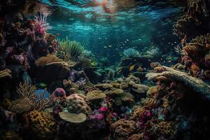 Tiere von das unter Wasser Meer Welt. Ökosystem. bunt tropisch Fisch. Leben im das Koralle Riff. generativ ai. foto