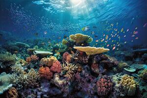 Tiere von das unter Wasser Meer Welt. Ökosystem. bunt tropisch Fisch. Leben im das Koralle Riff. generativ ai. foto