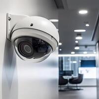 Sicherheit, cctv Kameras im das Büro Gebäude, und Zuhause Sicherheit System Konzept mit verwischen Hintergrund. draussen cctv Sicherheit Kamera Eingerichtet auf das Gebäude Mauer im das Stadt. generativ ai foto