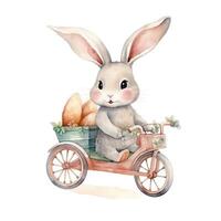 Fahrrad, Hase, Ostern Eier. Aquarell Clip Art, auf ein isoliert Hintergrund, im Karikatur Stil. generativ ai foto