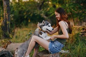 Frau und ihr heiser Hund glücklich spielen draußen im das Park unter das Bäume Lächeln mit Zähne im das Herbst gehen mit ihr Haustier foto