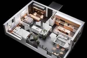 Wohnung Visualisierung, Design Projekt. architektonisch planen zum Renovierung. Leben Zimmer Innere, oben Sicht. erstellt mit generativ ai foto