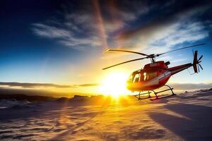 Suche und Rettung Betrieb im Berge. medizinisch Rettung Hubschrauber Landung im schneebedeckt Berge. erstellt mit generativ ai foto