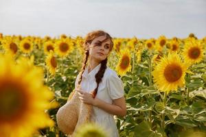 Frau mit zwei Zöpfe suchen im das Sonnenblume Feld Landschaft foto