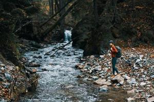 Frau Tourist im warm Kleider mit ein Rucksack auf das Fluss Bank und hoch Bäume Landschaft foto