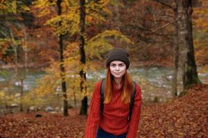Frau Tourist im ein Sweatshirt Hut mit ein Rucksack in der Nähe von hoch Bäume im Herbst im das Wald foto