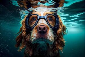 Taucher Hund schwimmt unter Wasser im ein Brille Maske Illustration generativ ai foto