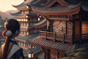 elegant traditionell die Architektur von ein Geisha Haus generativ ai foto