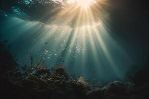 das Sonne Strahlen brechen durch das Wasser in das unter Wasser Welt generativ ai foto