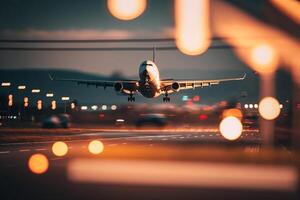 Flugzeug Landung, Runway im Nacht Beleuchtung generativ ai foto