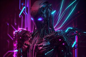 Cyber Roboter lila Blau Neon- Beleuchtung Illustration generativ ai foto