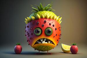 abstrakt Obst Charakter Orange Obst mit ein Erdbeere Hut auf seine Kopf Illustration generativ ai foto