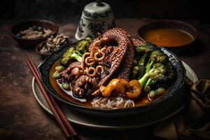 Gericht mit Tintenfisch im Soße Chinesisch Essen im ein Teller Illustration generativ ai foto