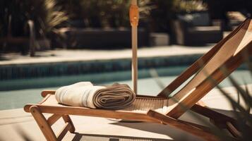 Sonne Liege zum Entspannung, Deck Stuhl Sommer- Ferien generativ ai foto