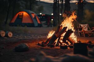 Lagerfeuer Abend Feuer im Natur im ein Zelt, aktiv sich ausruhen generativ ai foto