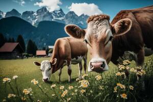 Kühe auf ein Blume Wiese mit Gänseblümchen im das Berge Illustration generativ ai foto