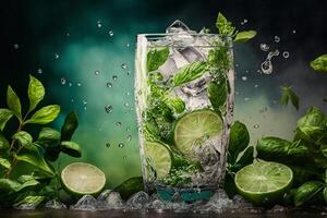 kalt frisch Mojito mit Eis Minze und Limette im ein Glas, Sommer trinken Illustration generativ ai foto