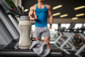 Protein Flasche und ein Handtuch Sport Lebensstil, Fitnessstudio Aktivität Illustration generativ ai foto
