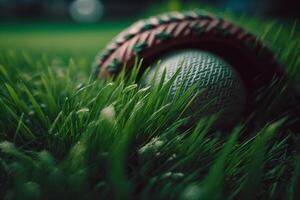 Baseball Ball im ein Handschuh auf das Grün Gras von das Rasen Stadion generativ ai foto