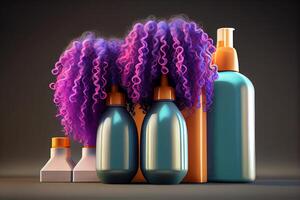 Pflege gefärbt Haar, Flasche einstellen mit Schönheit Haar Behandlung Illustration generativ ai foto