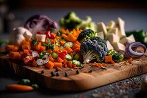 Kochen im das Küche frisch gehackt Gemüse auf ein hölzern Tafel Illustration generativ ai foto