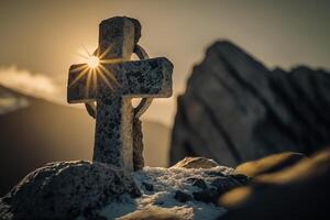 Gott Sonne Licht von glaube, kreuz im Felsen generativ ai foto