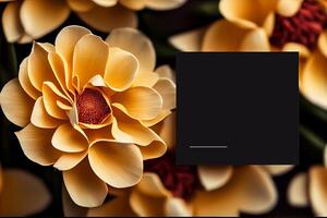 Beige Blumen auf schwarz Hintergrund Gruß Karte Feier März 8 Kopieren Raum Attrappe, Lehrmodell, Simulation Illustration generativ ai foto