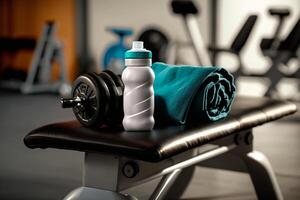 Flasche und Handtuch Dinge zum Sport im das Fitness Fitnessstudio Illustration generativ ai foto