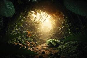 leeren Raum sonnig Urwald Wald, tropisch Natur Anzeige Szene generativ ai foto