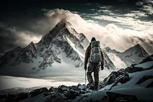 steigen Mann klettert schneebedeckt Berg Illustration generativ ai foto