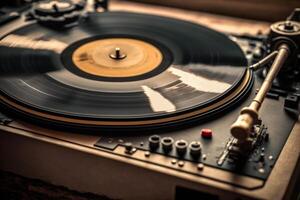 Hör mal zu zu Musik- auf ein alt Drehscheibe mit ein Vinyl Aufzeichnung generativ ai foto
