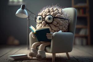 Gehirn absorbiert Wissen liest ein Buch, Bildung Lernen Konzept Illustration generativ ai foto