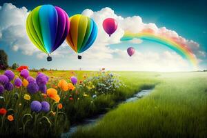 luftig bunt Luftballons auf das Hintergrund von ein Blume Wiese mit ein Regenbogen Illustration generativ ai foto