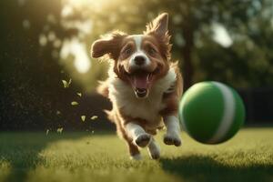 Hund Haustier im das Park spielen mit ein Ball auf ein Grün Rasen generativ ai foto