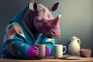 Karikatur Nashorn mit ein Tasse von Kaffee Illustration generativ ai foto