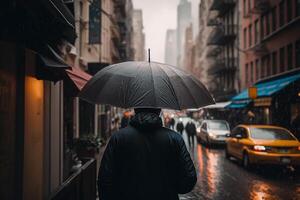 regnerisch Wetter, ein Mann mit ein Regenschirm Spaziergänge Nieder das Straße Illustration generativ ai foto