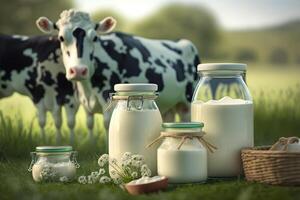 Molkerei Milch Produkte auf das Hintergrund von ein Grün Wiese mit Kühe generativ ai foto